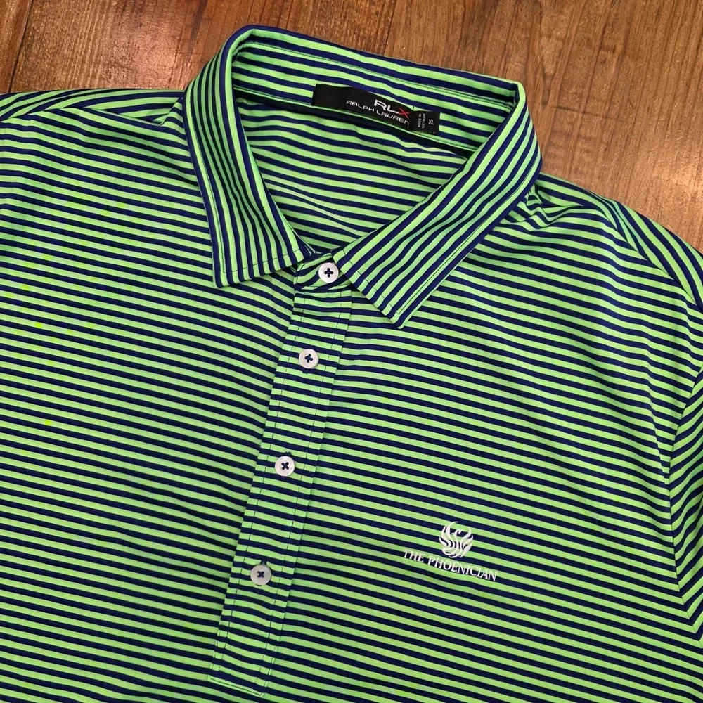 RLX Ralph Lauren Golf Bright Green Blue Stripe Polo Shirt - The Phoenician - XL